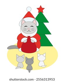 Cat Santa Claus with a gift bag, under the Christmas tree. Gives gifts to kittens. Vector flat illustration.