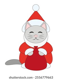 Cat Santa Claus with a gift bag, under the Christmas tree. Vector flat illustration.