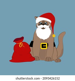 Cat in santa claus hat and bag. Merry Christmas and Happy New Year greeting card.