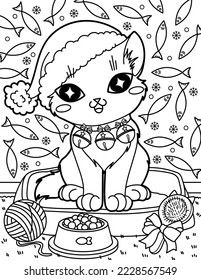 Cat in santa claus hat with christmas gifts. Christmas and New Year. Coloring book for children. Black and white vector illustration.