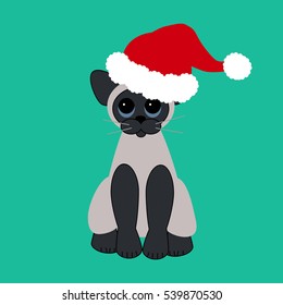 Cat in Santa Claus hat. Christmas decoration. Vector illustration