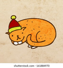Cat with Santa Claus Hat. Cute Hand Drawn Vector illustration, Vintage Paper Texture Background