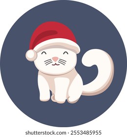 Cat in Santa Claus hat. Cute cat in red Christmas hat. Vector illustration of pet ready for holiday. New Year and Christmas concept. Cute happy kitten