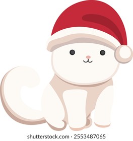 Cat in Santa Claus hat. Cute cat in red Christmas hat. Vector illustration of pet ready for holiday. New Year and Christmas concept. Cute happy kitten