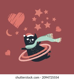 A cat in a Santa Claus hat flies in the form of a planet, satellite, celestial body, abstract hearts and stars, Valentine's Day, Christmas.