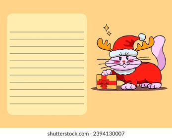 A cat in a Santa hat and with deer antlers Postcard. Printing and decoration. Shopping list. To-do list. Holiday gift.