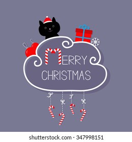 Cat in Santa hat, giftbox, snowflake, ball. Merry Christmas card. Hanging Candy Cane. Dash line with bow. Flat design. Violet background. Vector illustration