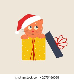 Cat in a Santa hat sits in gift box. Vector illustration in flat cartoon style.