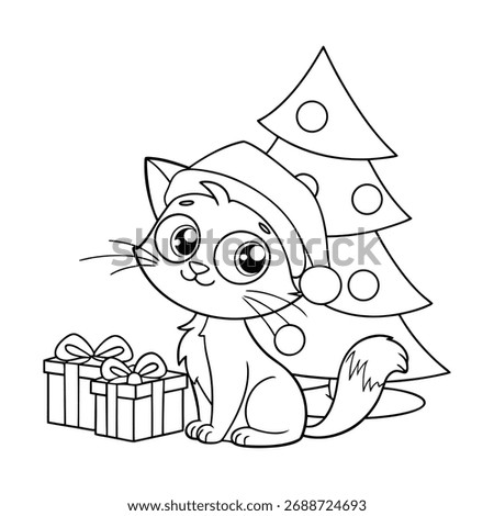 Cat with Santa Hat Tree and Gift Box.