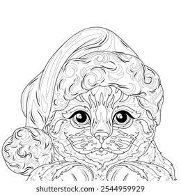 Cat in a Santa hat.Coloring book antistress for children and adults. Illustration isolated on white background. Hand draw
