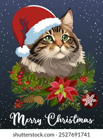 Cat in a Santa hat.Vector illustration with a cat in a Santa hat and Christmas decor on a colored background with snow.