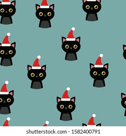 Cat Santa Seamless Pattern. Merry Christmas. Santa Hat Pattern with Cat.