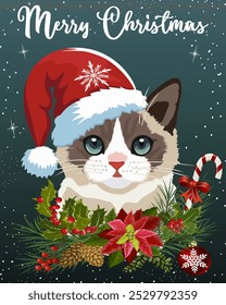 Cat in a Santa suit.Vector illustration with a cat in a Santa hat and Christmas decor on a colored background with snow.