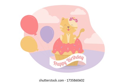 The cat sat on the cupcake with balloons celebrating the birthday party.Vector Illustrator.Party invitation card.Birthday party set cartoon animal.