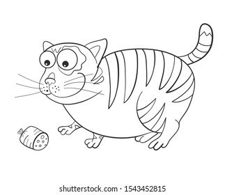 Cat with sausage. Funny character. Coloring book. Print. Vector illustratio
