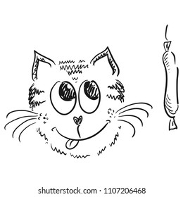 Cat and sausage. Sketch. Vector illustration