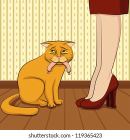 cat with sausage - vector illustration