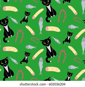Cat sausages, fish and ham. Vector illustration. Seamless textile pattern flat design animals