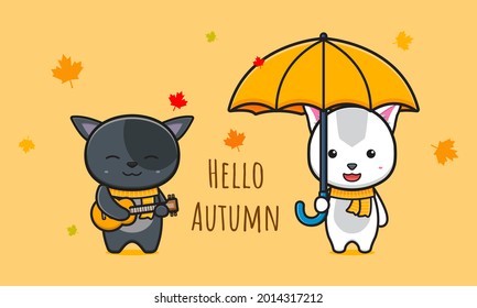 Cat saying hello autumn on banner card cartoon icon vector illustration. Design isolated flat cartoon style