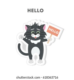 Cat says hello. Isolated cute sticker on white background.
