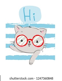 Cat says hi on a striped background. Kitten with glasses. Design print for t-shirt.