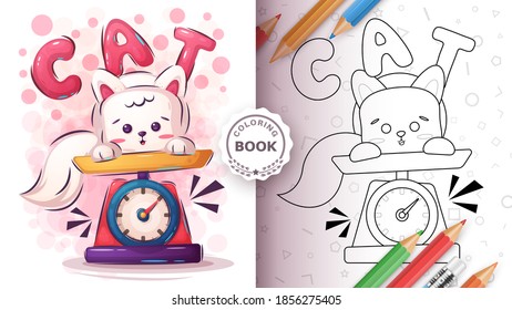 Cat in the scales - coloring page. Vector eps 10