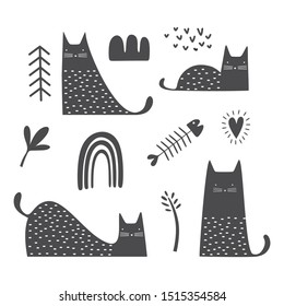 cat scandinavian drawing set design vector illustration pack collections. Cute characters.
