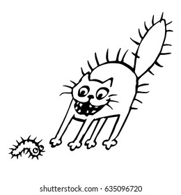 The cat was scared of a caterpillar. Vector illustration. Cheerful pet and funny bug.