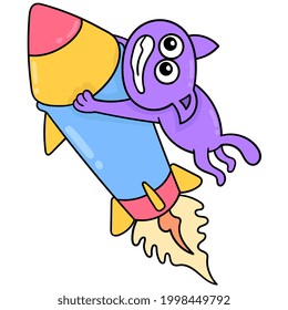 a cat with a scared face was dragged flying into the sky by a missile, vector illustration art. doodle icon image kawaii.