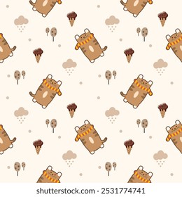 Cat and scarf cartoon so cute. On ice cream tree cloud background. Pattern seamless vector illustration. 