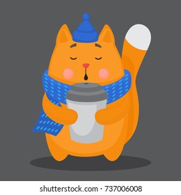 Cat in scarf and hat drrinking coffee. Vector illustration. 