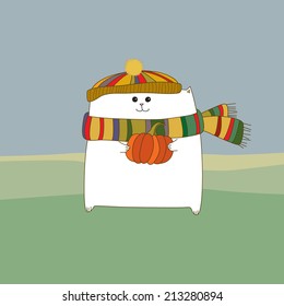 Cat in scarf with the pumpkin. Vector