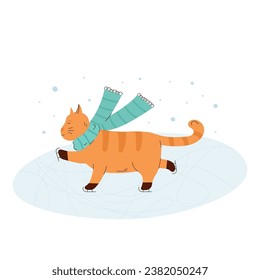 Cat with scarf skates an ice rink