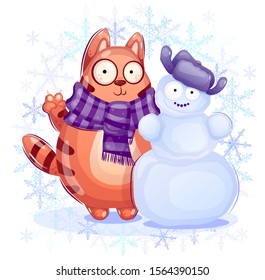Cat in a scarf with a snowman, winter illustration