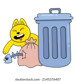 gato está buscando comida en la basura, ilustración vectorial art. doodle imagen kawaii.