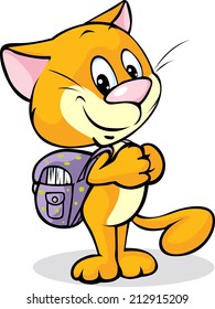 cat with school bag standing isolated on white background