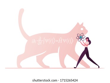 Cat Of Schrodinger Equation, Physics Formula, Schrödinger Superposition Experiment In Quantum Mechanics. Female Character Carry Atom Model. Contemporary Science Concept. Cartoon Vector Illustration