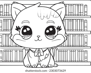 Cat scientist reads books. Librarian cat. Fairy-tale character.