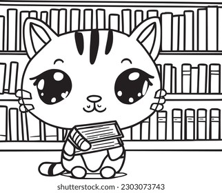 Cat scientist reads books. Librarian cat. Fairy-tale character.cat with books.