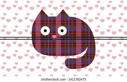 Cat from Scottish pattern on the pink hearts and white background