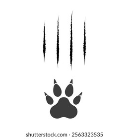 Cat scratch. Black bloody animal claw mark isolated on white background. Lion or tiger flat scratch marks. Black cat foot print. Wild beast paw marks with sharp fissures texture. Vector illustration.