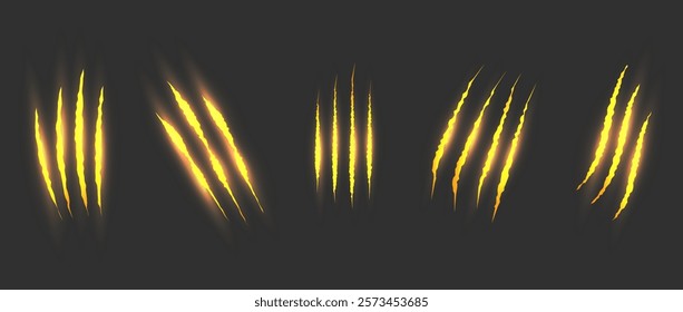 Cat scratch. Golden claw scratches set isolated on black background. Dragon, bear or tiger claw marks. Halloween monster paw scratch trace on surface. 3d vector illustration.