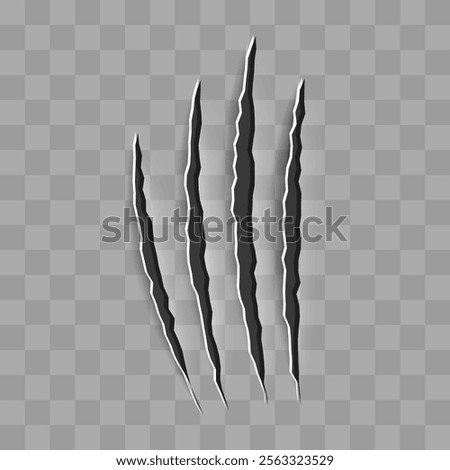 Cat scratch icon. Realistic black animal claw mark isolated on transparent background. Dog or bear flat scratch marks. Cracks from scratches of animal claws. Vector illustration.