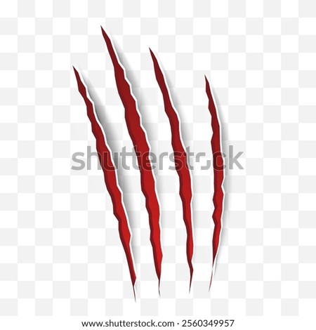 Cat scratch icon. Realistic red animal claw mark isolated on transparent background. Lion or tiger flat scratch marks. Cracks from scratches of animal claws. Vector illustration.