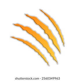 Cat scratch icon. Yellow scratches from animal claws isolated on white background. Dragon or dinosaur flat scratch marks. Cracks from scratches of animal claws. Vector illustration.