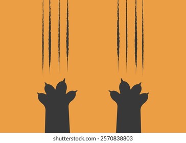 Cat scratch. Pets or wild animal claw marks isolated on orange background. Lion or tiger scratch marks. Print of two cat paws. Wild beast paw marks with sharp fissures texture. Vector illustration.