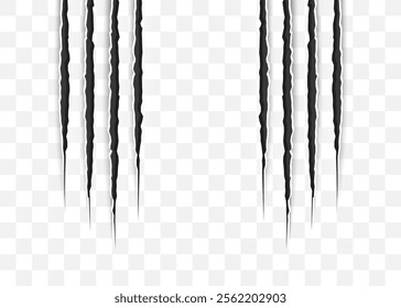 Cat scratch. Realistic Animal claws marks in black. Monster or dragon flat scratch marks. Damaged breaks and hollow scraps. Vector illustration.