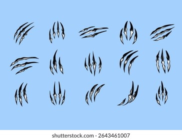 Arranhão de gato. Marcas de garras animais realistas. Marcas de arranhões chatas de monstro ou dragão. Quebras danificadas e restos ocos. Ilustração vetorial.