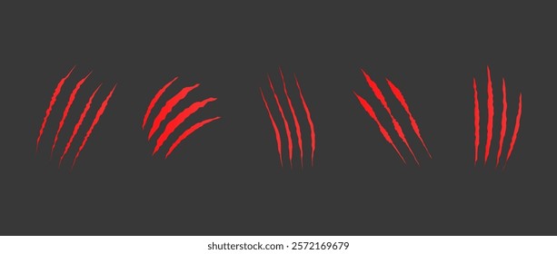 Cat scratch. Red claw scratches set isolated on black background. Dragon, bear or tiger claw marks. Halloween monster paw scratch trace on surface. Flat vector illustration.