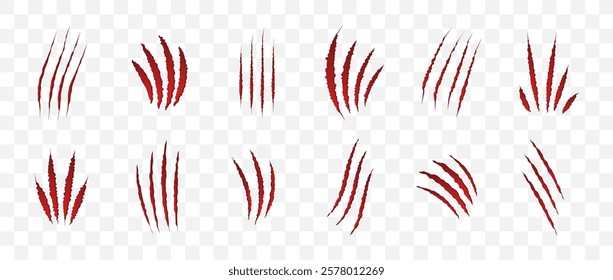 Cat scratch. Red claw scratches set isolated on transparent background. Dragon, bear or tiger claw marks. Halloween monster paw scratch trace on surface. Flat vector illustration.